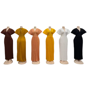 Women's Elegant Pleated V-neck High Waist A- Line Casual Spring New Solid Color Dress