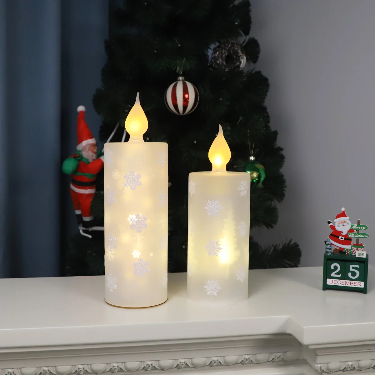 Simplicity White Snow Prints Electrical Wireless Candlestick Winter Christmas Safety Home Indoor Ornament Wedding Party supplier