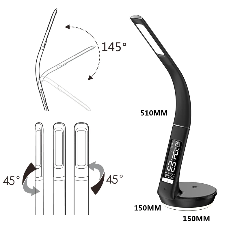 
Светодиодная настольная лампа, портативная и Гибкая Настольная лампа U8Q с имитацией кожи и ЖК-дисплеем, с календарем и температурой 