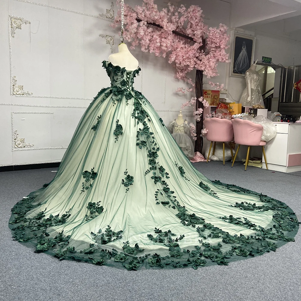 Green Royal Blue Quinceanera Dresses Sweet Lace Applique Ball Gown Prom  Dress Tulle Masquerade Gown Lsany108