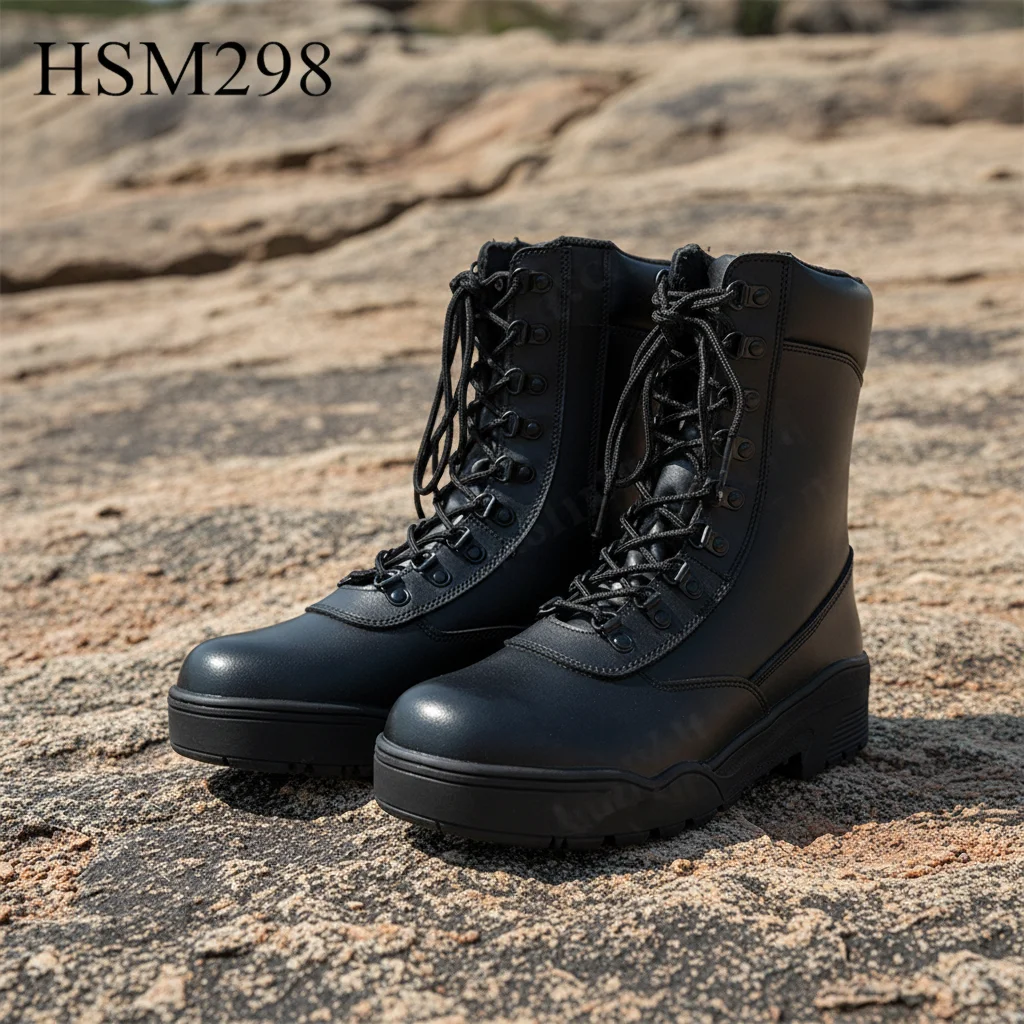 ZYF,8 Inch Side Zipper Design Full Leather Black Combat Boots Rugged Landscapes Visible Stitching Sole Fighting Boots HSM298