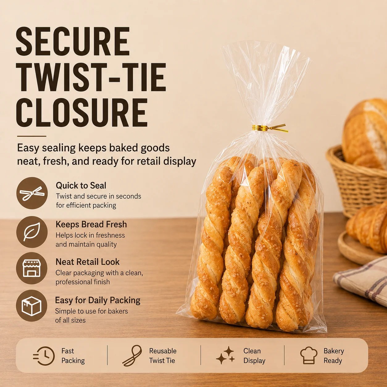 Wholesale Transparent Cello Treat Flat Bags with Twist Ties Custom Printed BOPP Clear Bread Packaging Bag