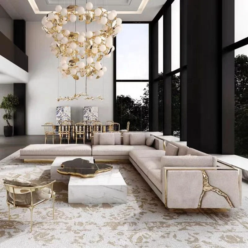 Italian Designer High-End Modern Fabric Gold Sofa Set Luxury Living Room Furniture for Home Villa or Apartment