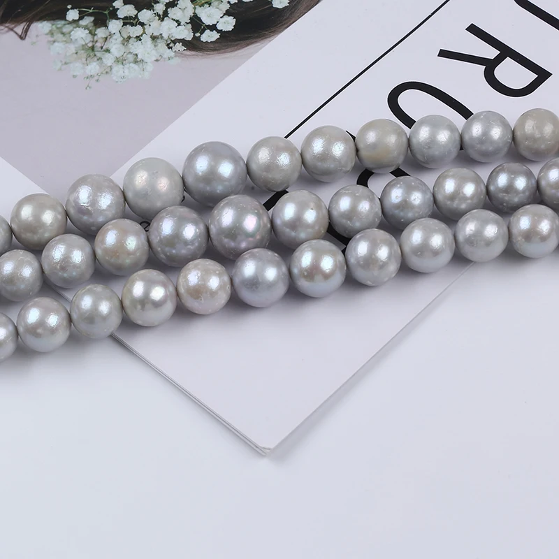 热销11-15毫米天然圆形灰色爱迪生母淡水珍珠线