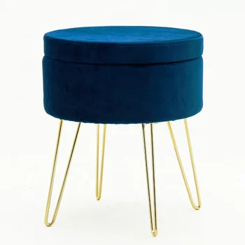 HStex Furniture Living Room Modern French Foldable Metal Stool Puff Navy Blue Ottoman Storage Velvet