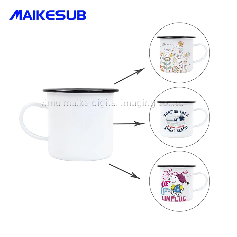 Sublimation 12 OZ Enamel Mug Blanks with Black Rim Outdoor Camping Steel Coffee Metal Mug