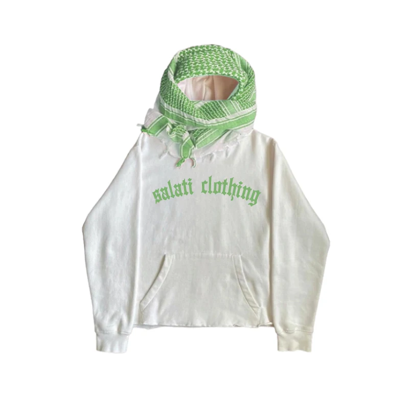 Salati Manufacturing Custom Pullover Raw Hem Heavy Cotton No String Screen Printed Logo Streetwear Unisex Men Hoodies With Scarf gallery 11
