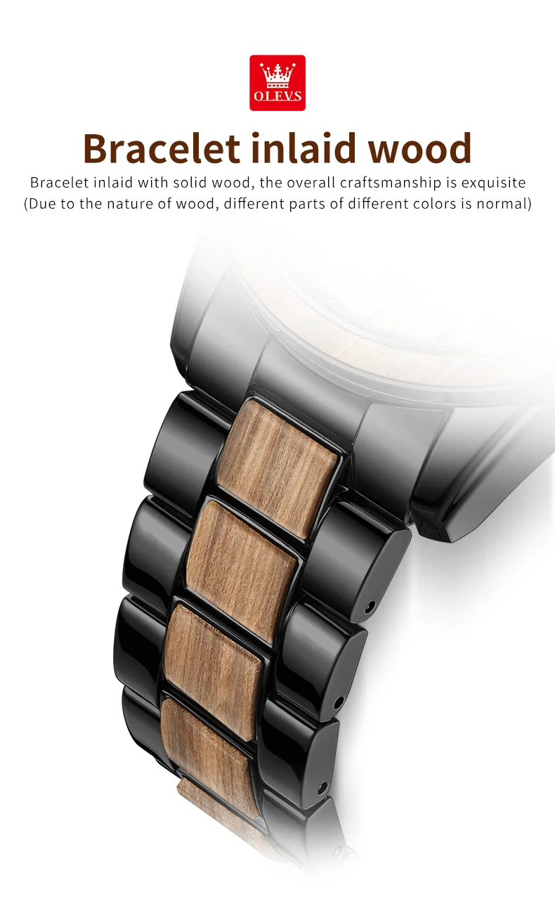 Olevs 3645 Quartz Chronograph Men Calendar Watch Round Textured Solid Wood Luxury Glass Luminous Hands Business Watches for Men