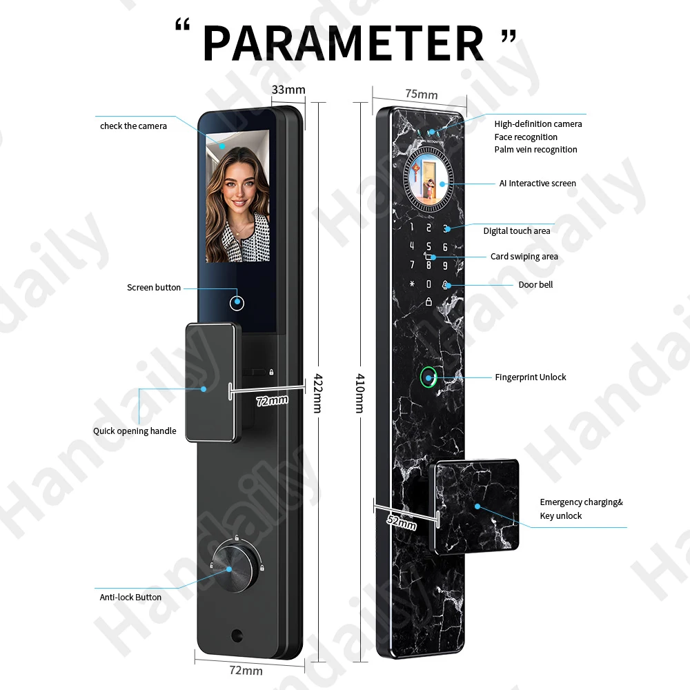 HanDaily Handvenen-KI-Smartlock Gesichtserkennung Fingerabdruck Video-Türsprechanlage Digitalschloss mit Kamera Smart Home Produkte A40