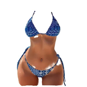 MLY Hot Sale Private Label Custom Logo Halter Ruffles Beading Double Layer Print String 2 Piece Set OEM Women Swimwear