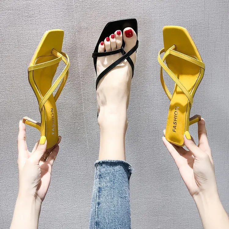 Women's High-heeled slippers 2019 New Fashion Korean Style Slip-on Mid-heeled Cross slippers for Summer