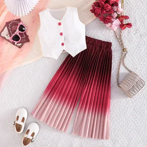 2026 Summer Toddler Girls Clothes Sleeveless blazer Vest Tie Dye Print Pleated Wide Leg Pants Two Piece Kids Clothing Wholesale