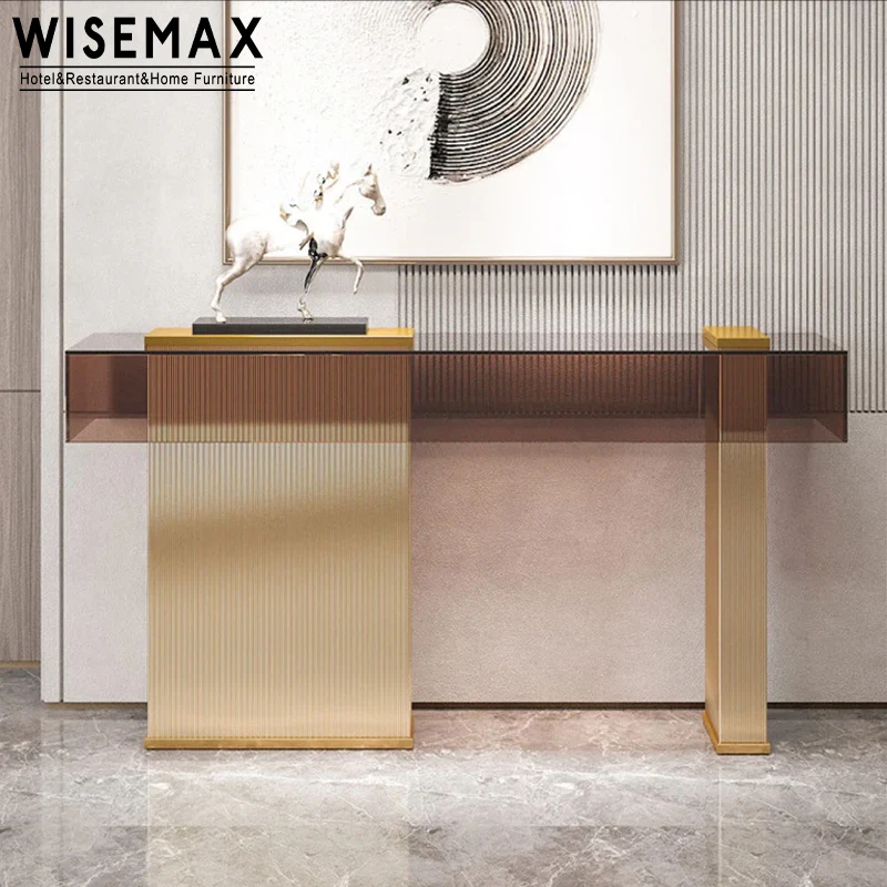 モダンで豪華な強化ガラスコンソールテーブル廊下装飾ステンレス鋼