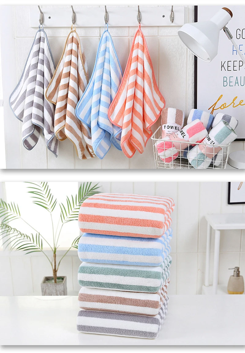 Hot Sale Broad Stripe Thick Soft Coral Velvet Hand Face Towel Set 3575cm 70140cm Microfiber 3815