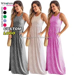 Flared Loose Sleeveless Pocket Shirt Dresses Casual Summer Long Western Maxi Print Leopard Dress for Women