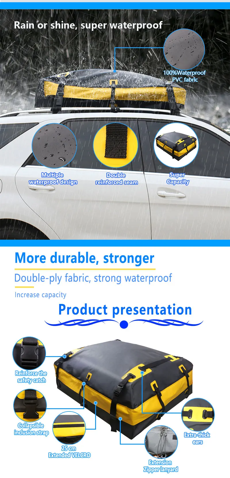 Waterproof 15 Cubic Feet Car Roof Cargo Carrier Traveling Bag Rooftop Storage Bag For Car SUV