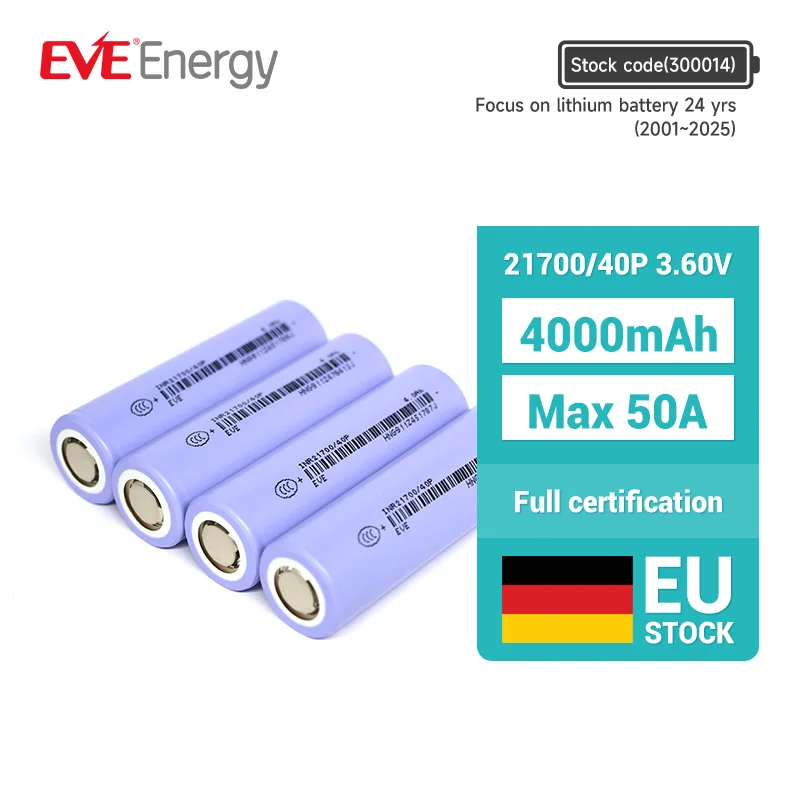 EVE 21700 40P 12.5C Lithium Ion Battery 4000mah 3.6V Battery Cell Power Tools 21700 Battery for Garden Tools Vacuum Cleaners