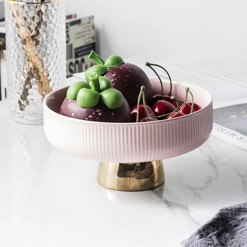 European Style Luxury Ceramic Fruit Plate Snacks Compote Candy Dish Creative Gold Plated Colored Buffet Use High Foot Salad Bowl