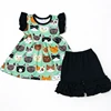 Cartoon Cat Print Flutter Sleeve Dress & Black Ruffle Shorts
