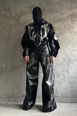 Salati Custom Manufacturer Designer High Waisted Casual Pants Baggy Stretchy Wide Leg Y2K Black Flared Pu Leather Pants for Men gallery 3