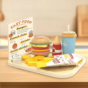 Kids Hamburger Set Role Pretend Play Toys for Children Simulation Fast Food Set Educational French Fries Wooden Kitchen Toys