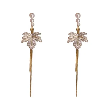 Best Selling S925 Silver Needle Zircon and Maple Leaf Long Tassel Earrings Gold Plated Jewelry for Women's Wedding Parties