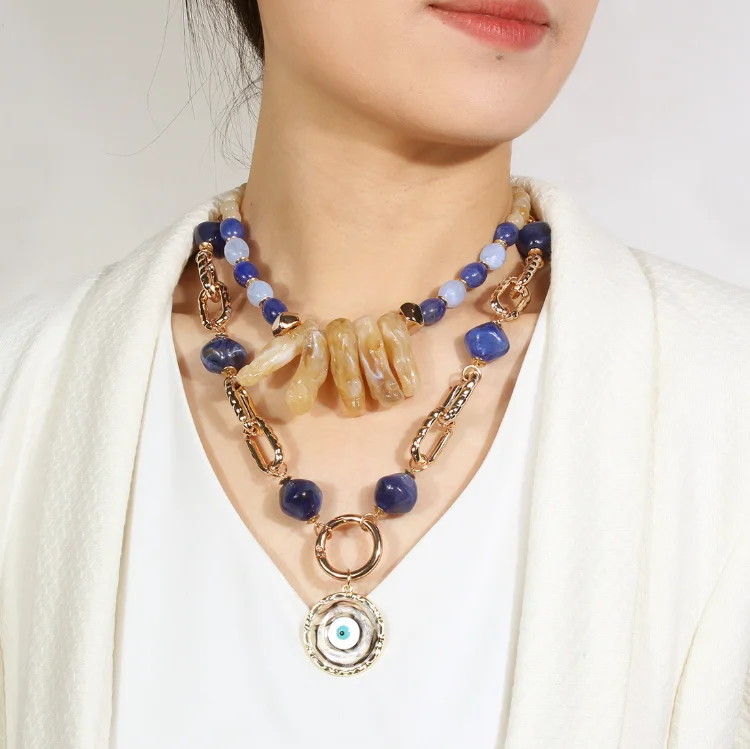 New Design Multilayer Multicolored Resin Acrylic Beads Link Collar Necklace for Women Statement Blue Eye Pendant Choker Necklace
