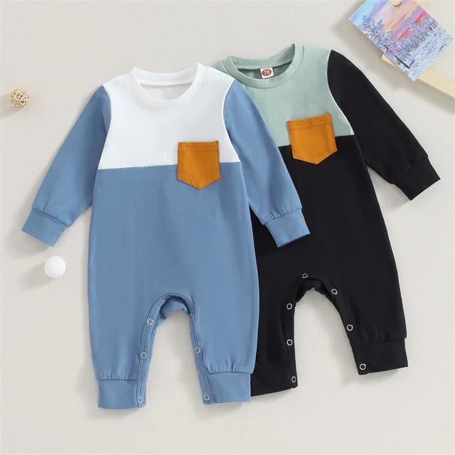Newborn Contrast Color Long Sleeve Button Playsuit Chest Pocket Infant ...