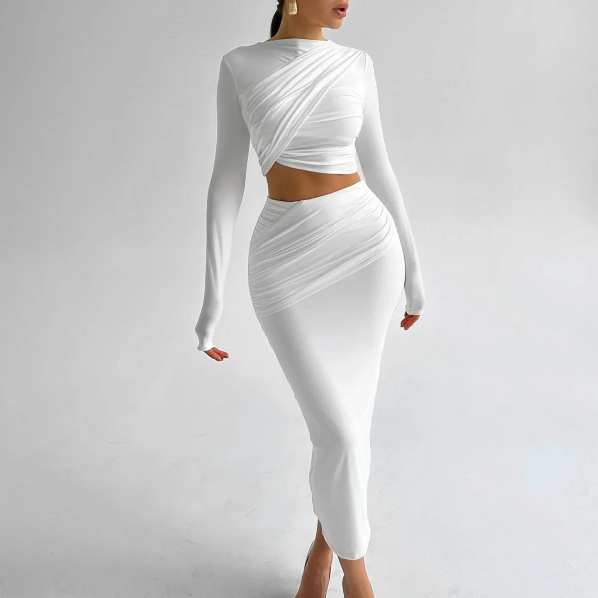 Autumn New Arrival Women's Office Lady Dress Long-Sleeved Crop Top Slim  Skirt Two-Piece Set Fashion Bodycon Solid Skinny Casual