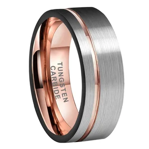 Coolstyle Jewelry 8mm Black Rose Gold Tungsten Ring for Men Women Engagement Band Offset Line Pipe Cut Brushed Comfort Fit