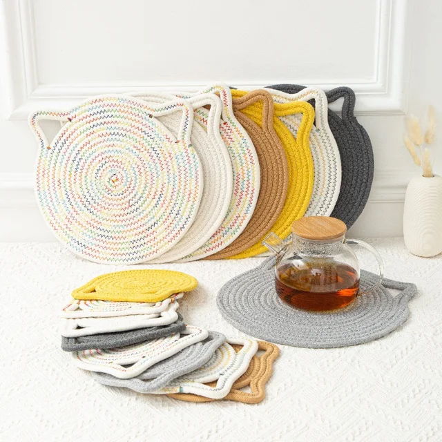Japanese & Korean Style Cat Ears Design Eco-Friendly Cotton Rope Placemat & Heat-Proof Coaster for Restaurants Stylish Mats Pads