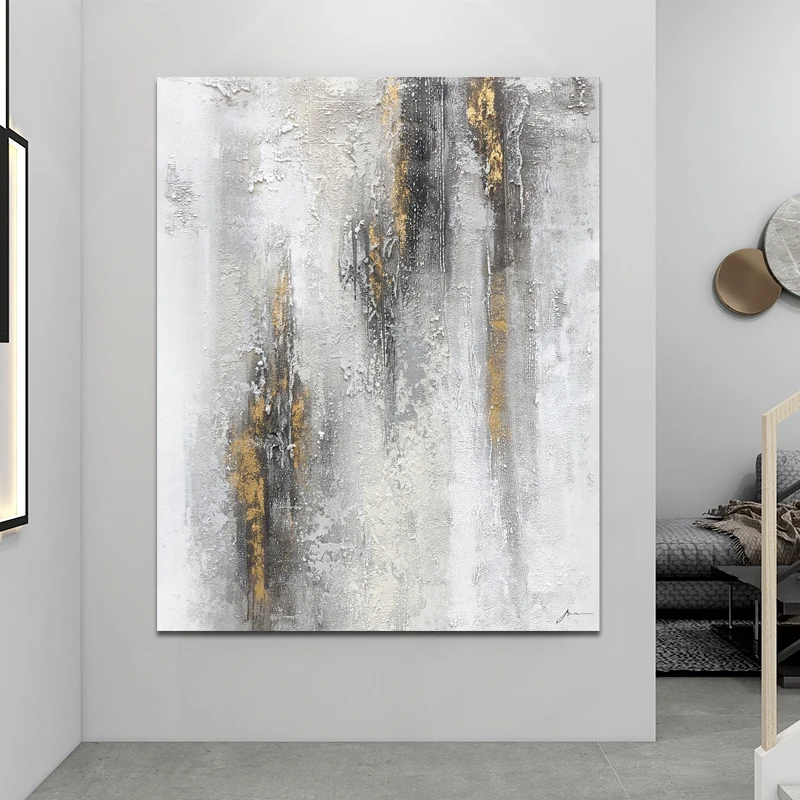 High Quality Canvas Textured Abstract Oil Painting Acrylic Gray White Art Decoration Wall