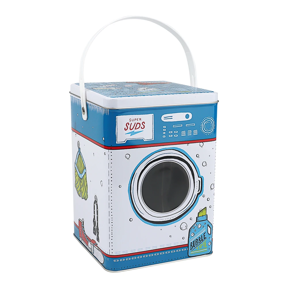 Customized Washing Machine Design Shape Square Tin Laundry Powder Container Boxes Metal Can With Handle