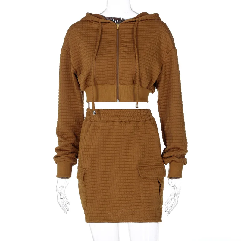 High Quality Winter Women's Two Piece Set Top and Skirt With Pockets  Cropped Hoodie Shorts Mini Skirts Outfits Women Sets