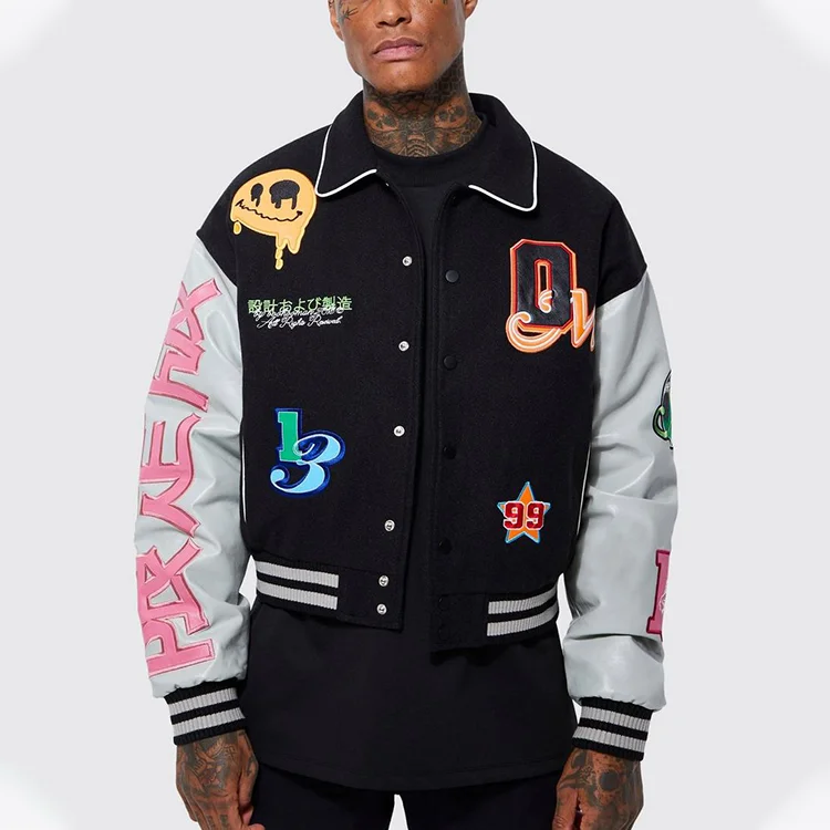 Black Pu Leather Baseball Men Multi Badge Chenille Embroidery Varsity Jacket men_voghion.com