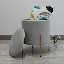 HStex Furniture New Sale Round Seated Footstool Velvet Gold Metal Legs Chairs Gray Ottoman Stools