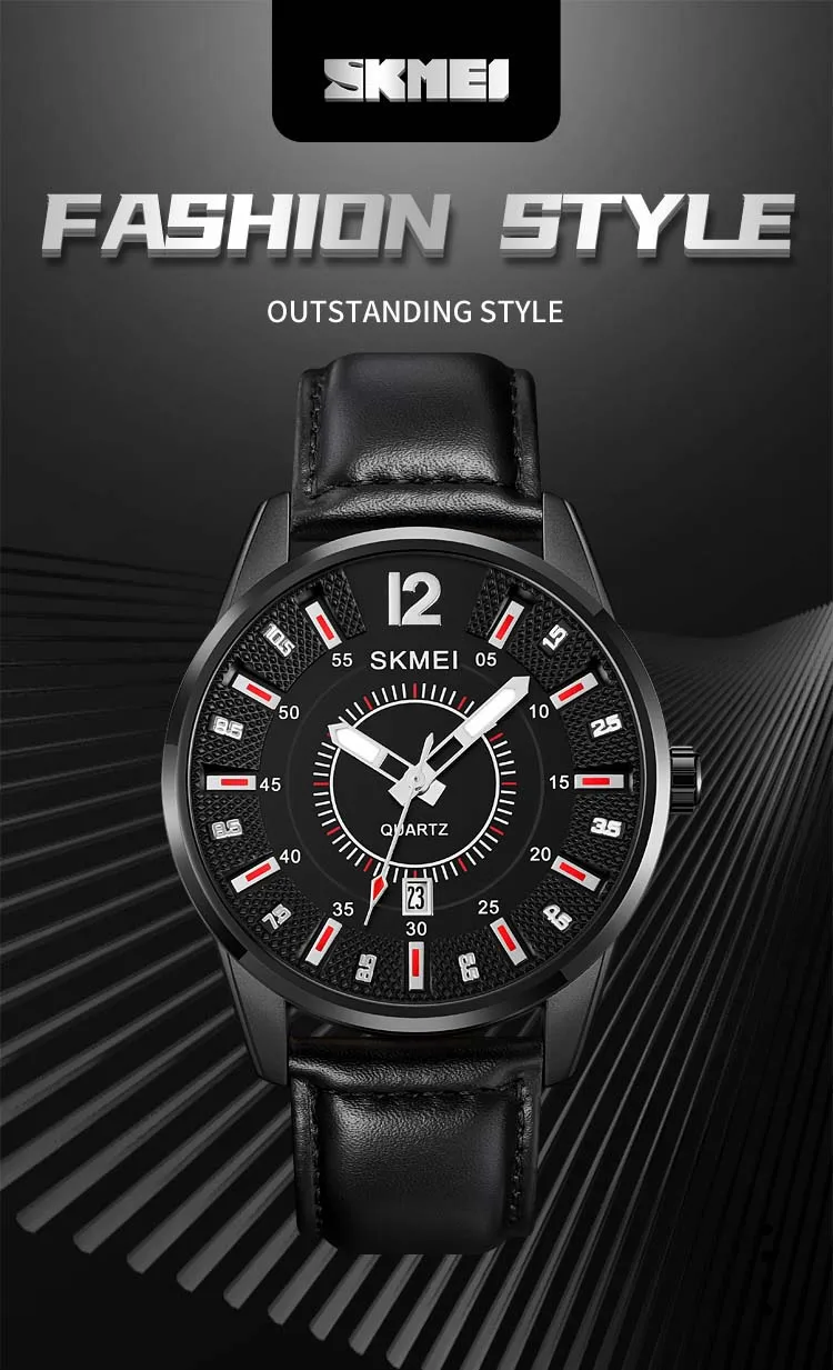 SKMEI 1993 New Arrival Gents Quartz Watch Low Cost Genuine Leather Strap Water Resist Date Display Simple Casual Wrist Watch