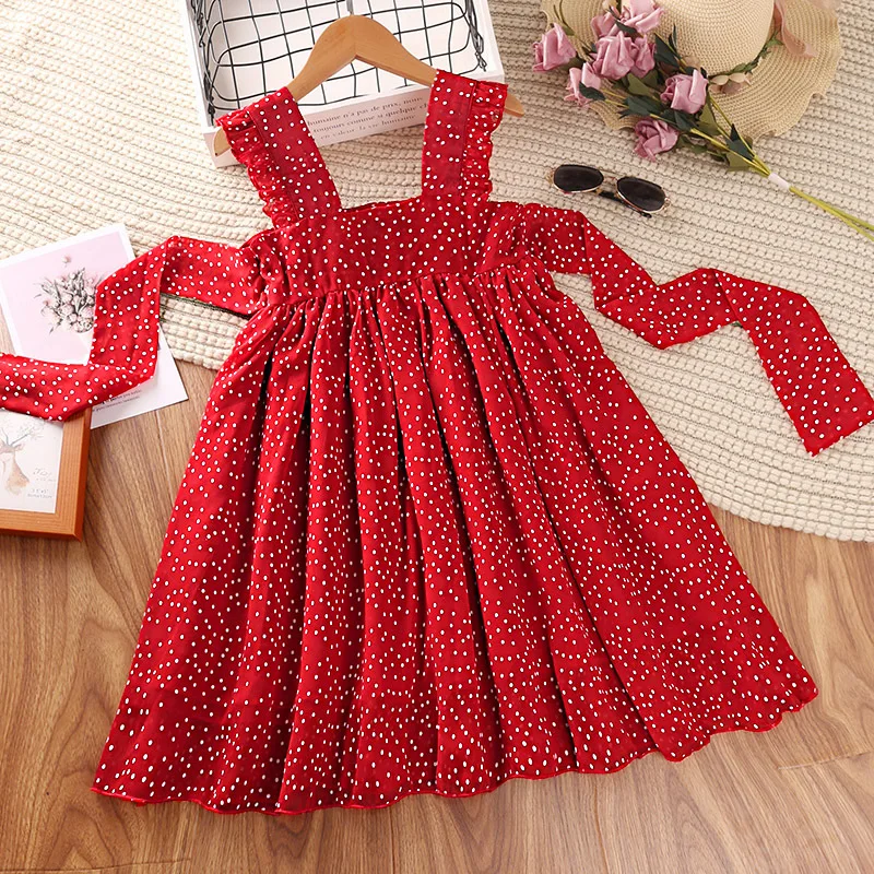 2022 Summer Kids Girl Printed Dot Frocks Red Casual Little Girls