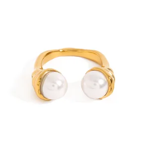 MW Women's  18K Gold - Plated Stainless Steel Ring with Hammered Texture, Pearl Inlay, Open - ended and Adjustable, Waterproof