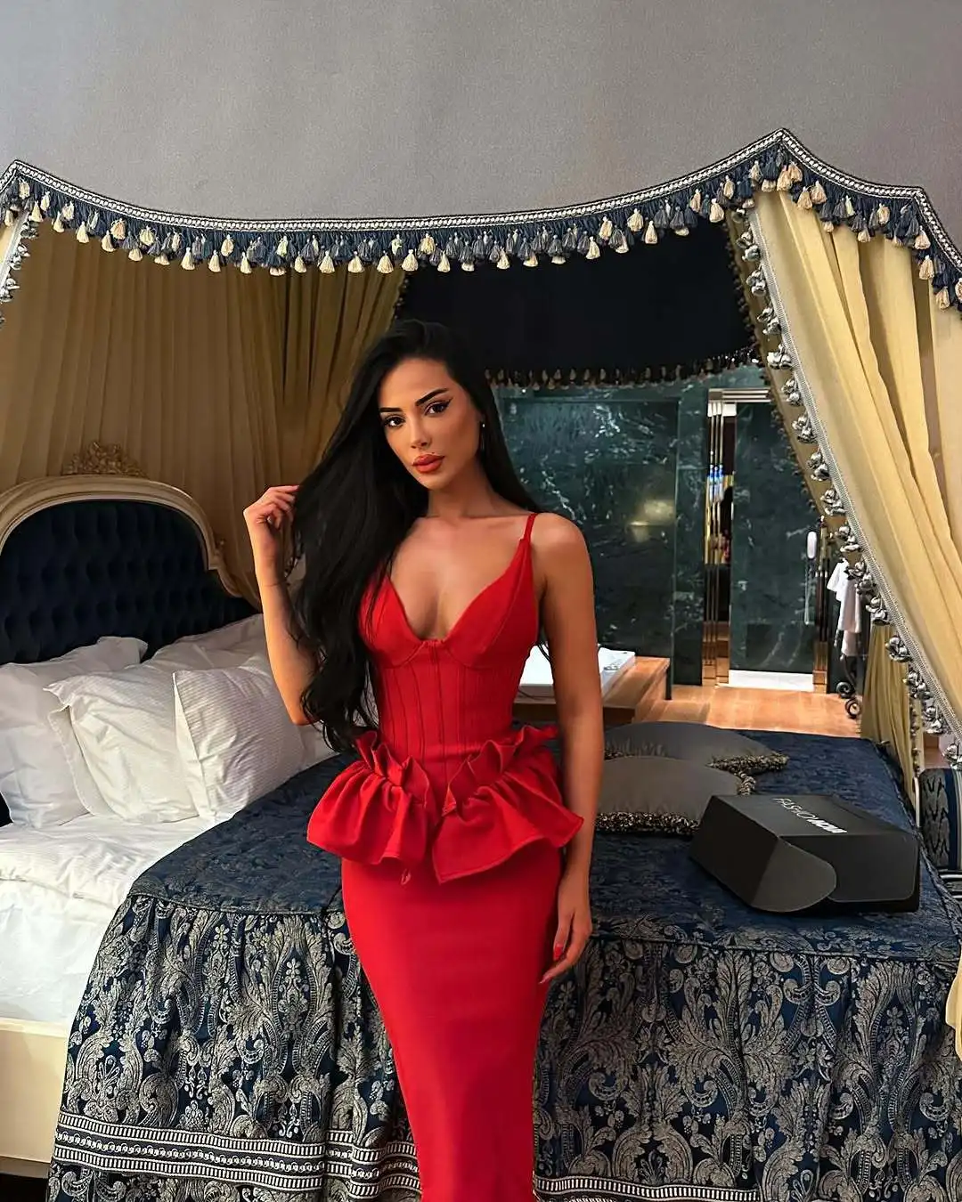 Black Fashion Elegant Evening Party Outfit Vestido Sexy V-Neck Bodycon  Mid-calf Ladies Dress