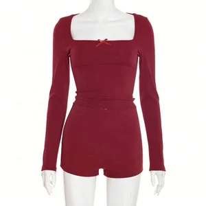 Dropshipping New Arrivals Two Piece 2026 Casual Long Sleeve Top and Shorts Set Women