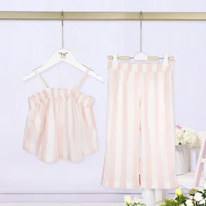 Custom 100% Cotton Muslin Stripe Kids Clothing Set Elastic Strap Top & Wide Leg Pants for Toddler Baby Girls