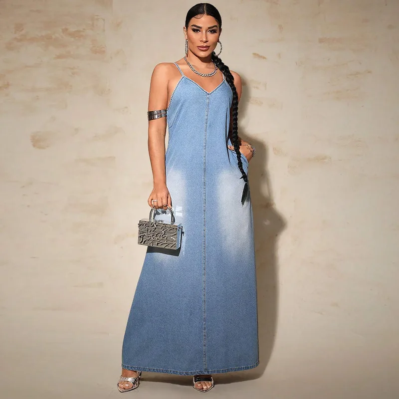 Plus Size Women's New Washed Streetwear Denim Suspender A-Line Long Dress manufacture