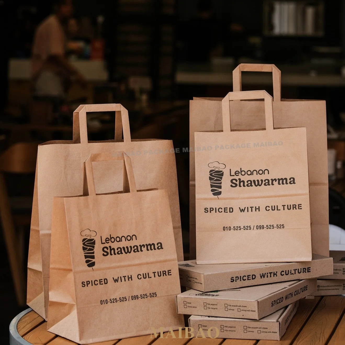 Custom Print Fast Food Takeaway Restaurant Packaging Small Bag to Go  Delivery Shawarma Wrap Kraft Paper Bag With Handle