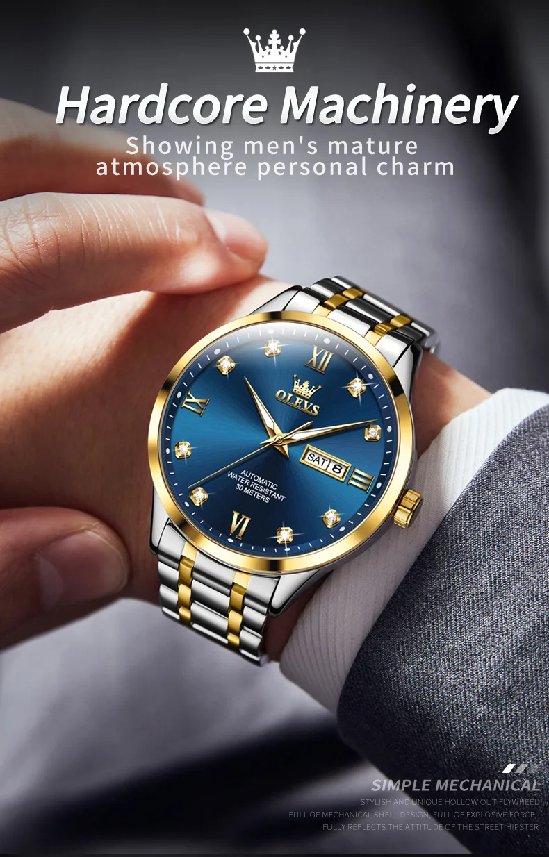 OLEVS 9946 Classic Stainless Steel Material Automatic Movement Dual Calendar Diamond Gold Dial Mechanical for Men Luminous Watch