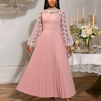 AM050815 Elegant Long Lantern Sleeve Hollow Out Lace Pleated High Waist a Line Pink Maxi Women's Formal Casual Dresses