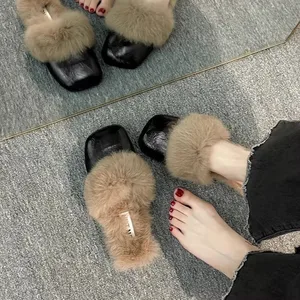 2026 Winter Low Heel (less than 3cm) Square Heel Daily Roman Style Covered Toe Faux Fur Short Exports Womens Shoes