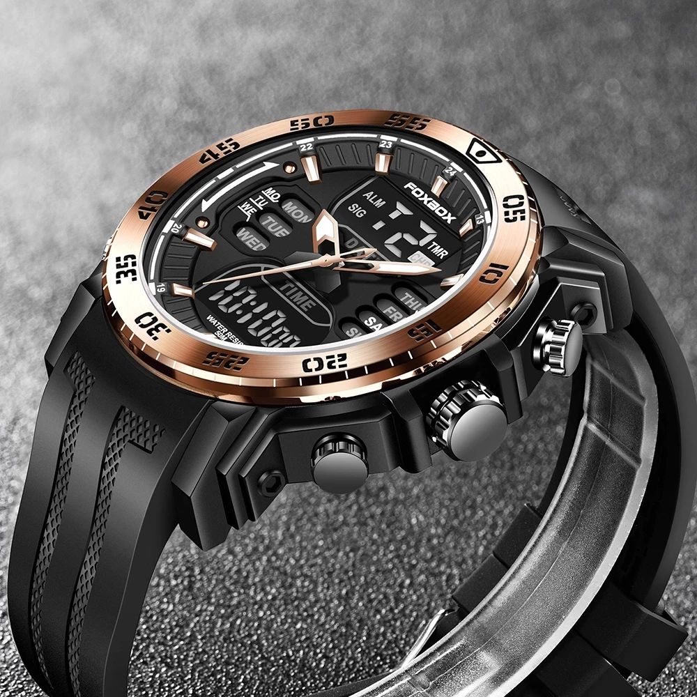 2022 LIGE Foxbox FB0021 Dual Display Sport Mens Watches Top Luxury Quartz Wristwatch for Men Waterproof Digital Clock