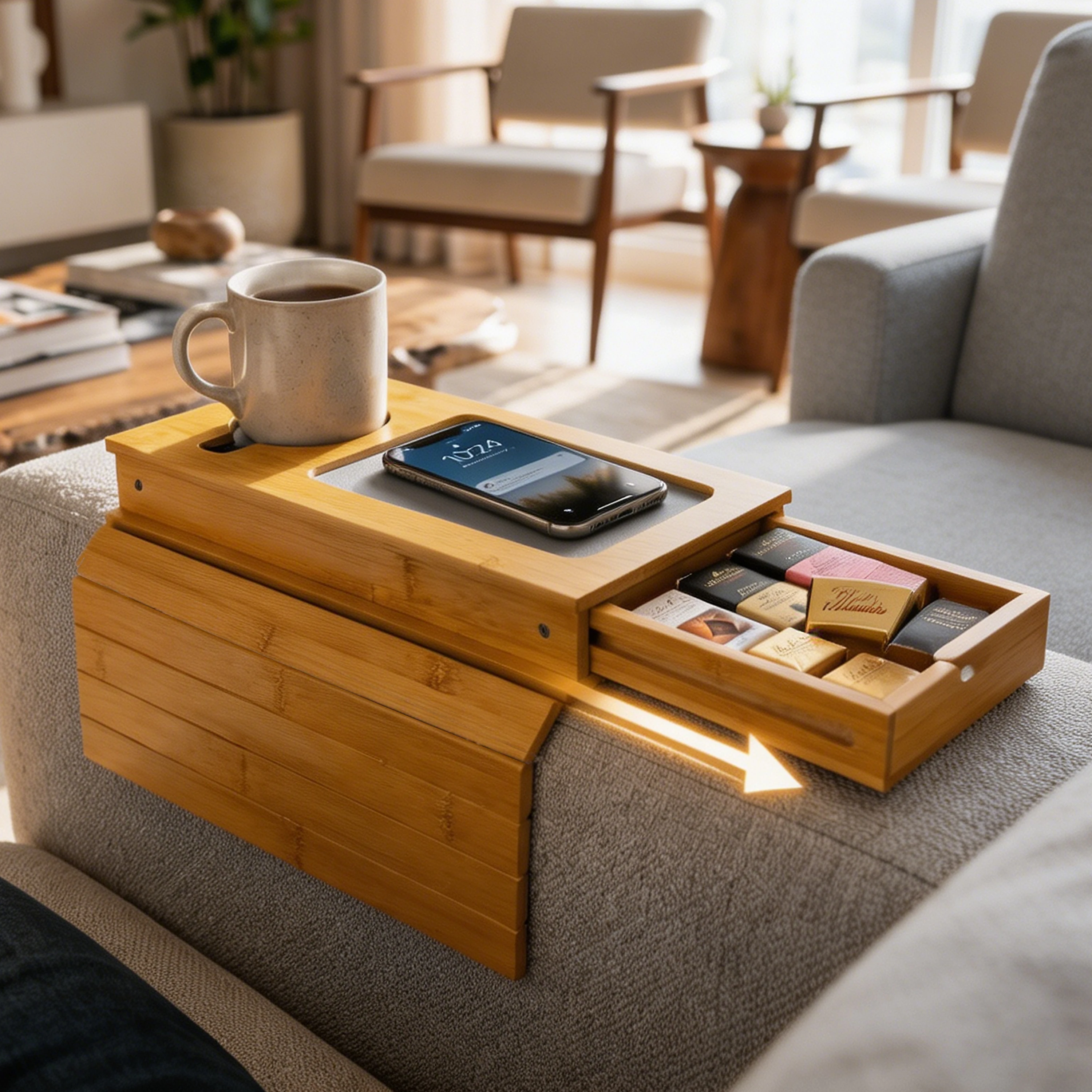 Bamboo Sofa Arm Tray Couch Armrest Table With Drawer Couch Arm Tray With Cup Holder Clip-On Sofa Side Table Couch Arm Tray