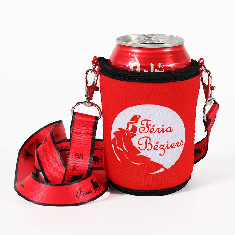 Popular sublimation can cooler bottle neoprene cover for promotion gifts custom neoprene sleeve with fashion lanyard cup holder